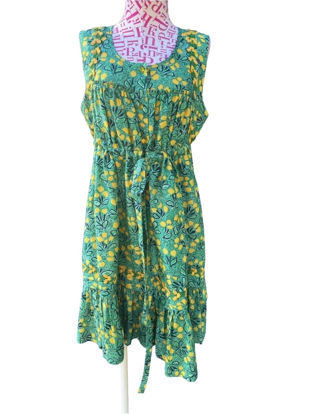 Anna Sui White Label Embroidered Silk Floral Lemon Sleeveless Shift Dress Size 6